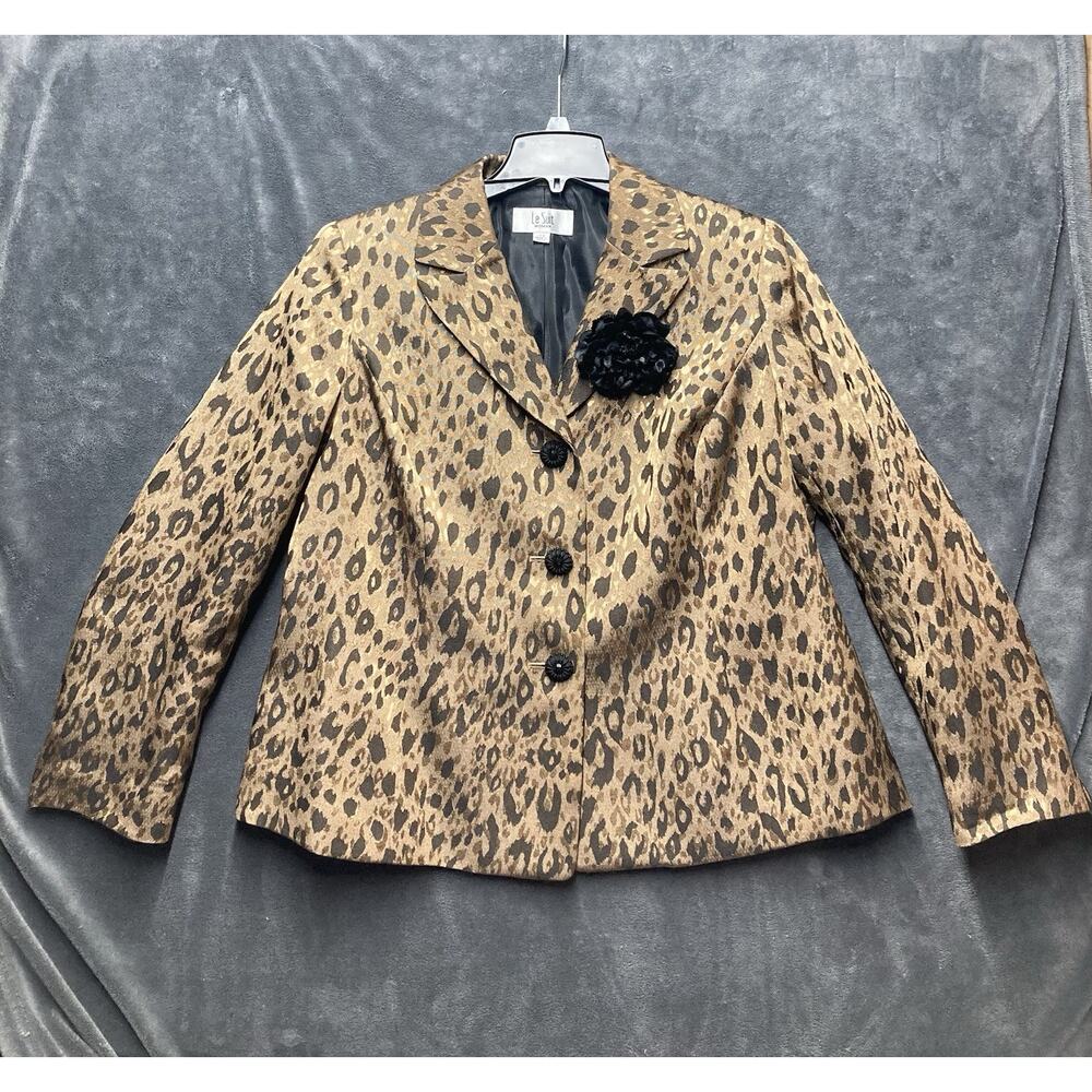 VTG 90s Le Suit Leopard Print Blazer Jacket Sz 14W Flower Brooch Mob Wife Glam